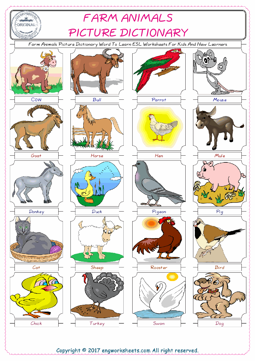  Farm Animals English Worksheet for Kids ESL Printable Picture Dictionary 